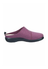 Purple felt slip-on shoe with a rounded toe and a black rubber sole. Features a soft interior lining and a small pull tab at the heel.