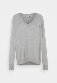 Grauer, langärmeliger V-Ausschnitt-Pullover. Aus weichem Material mit gerippten Bündchen und Saum gefertigt. Dezente dekorative Stickerei an Hals- und Ärmelabschluss.