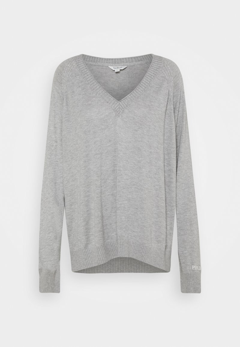 Grauer, langärmeliger V-Ausschnitt-Pullover. Aus weichem Material mit gerippten Bündchen und Saum gefertigt. Dezente dekorative Stickerei an Hals- und Ärmelabschluss.