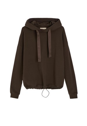 Ciemnobrązowa bluza z kapturem i długimi rękawami, z regulowanym sznurkiem przy kapturze oraz elastycznym troczkiem u dołu.