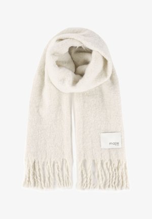 Kremowy, miękki dziany szalik z frędzlami na końcach i małą białą metką z napisem „maze” na jednolitym tle.