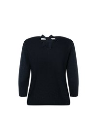 Granatowy sweter robiony na drutach z rękawami 3/4, dekoltem w serek i detalem w postaci wiązania na plecach. Gładka tekstura i luźny krój. Prosty design bez wzorów.