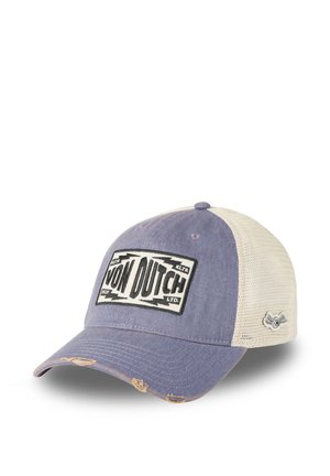 Casquette de baseball en mesh bleu et beige avec patch logo "Von Dutch" à l'avant et petit emblème ailé sur le côté, montrant des détails légèrement usés.