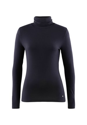 Zwarte langmouw turtleneck top met een aansluitende taille en een klein rond zilveren logo nabij de zoom op een witte achtergrond.