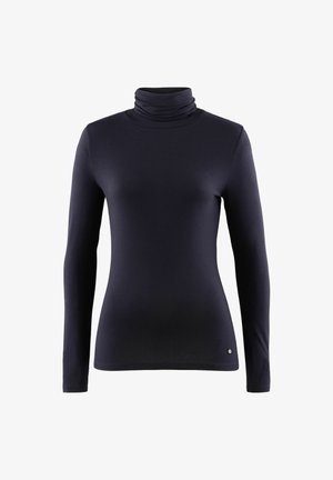 Schwarzes Langarm-Turtleneck-Oberteil mit taillierter Taille und kleinem rundem silbernen Logo nahe dem Saum auf einfarbig weißem Hintergrund.