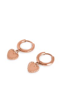 Orecchini a cerchio in oro rosa con un charm a forma di cuore, bordo perlato, superficie liscia e chiusura a cerniera sicura.