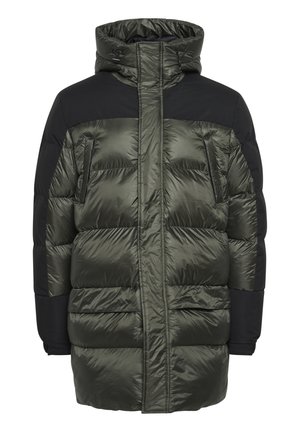 Temnozeleno pufasto jopič z kapuco, z črnimi rameni, z zadrgo spredaj in dvema sprednjima žepoma; sijoča, prešita tekstura.