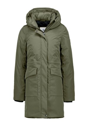 Olivgrüne, isolierte Parka mit Kapuze, zwei Fronttaschen und einem Reißverschluss. Glatte Textur mit wasserabweisender Oberfläche.