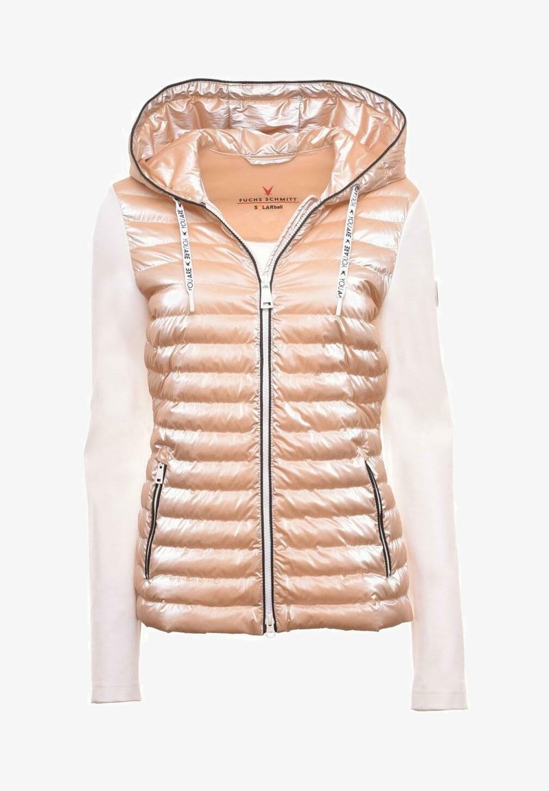 Gilet imbottito con un davanti lucido di colore marrone chiaro e maniche lunghe bianche. Presenta un cappuccio, una cerniera frontale e tasche laterali con accenti neri.
