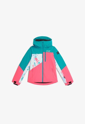 Mehrfarbige Skijacke mit türkisfarbenen, rosafarbenen und gemusterten Abschnitten. Beinhaltet eine Kapuze, Reißverschlusstaschen und verstellbare Bündchen.