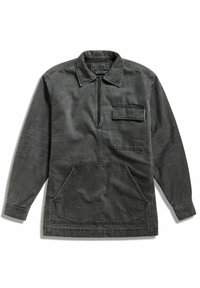 Siv pulover s dolgimi rokavi iz denim materiala, s polovičnim zip zapiranjem spredaj, ovratnikom, sprednjim žeparjem in velikim sprednjim kengurujskim žeparjem.