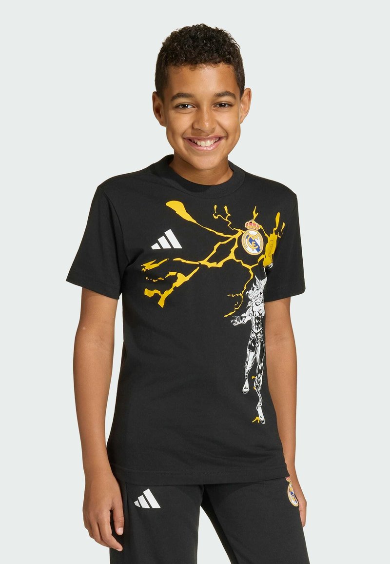 Black cotton t-shirt featuring a yellow and white graphic of a character with lightning bolts, accented with the Adidas logo on the sleeve.