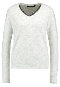 Hellgrauer Pullover mit V-Ausschnitt und Spitzenakzent am Halsausschnitt, mit langen Ärmeln und einer gerippten Saumtextur.