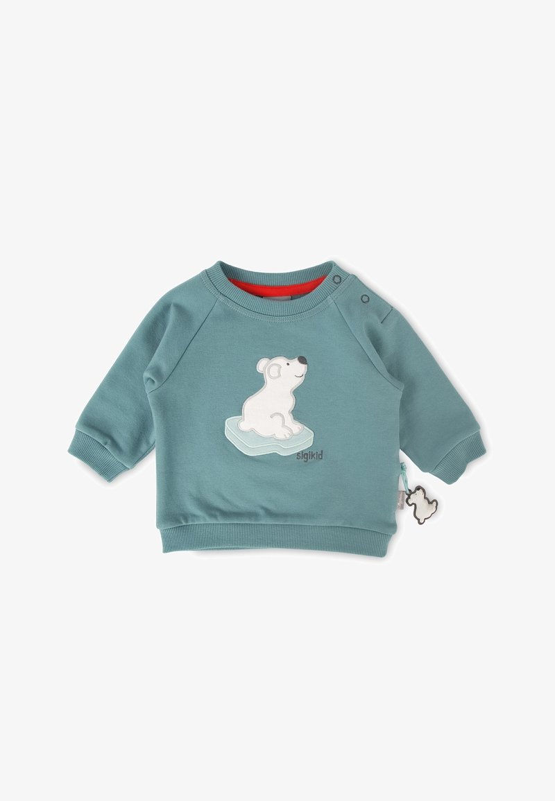 Sweatshirt en coton teal avec des manches raglan, présentant un motif d'ours polaire, des poignets côtelés et un col intérieur rouge. Comprend une étiquette décorative.