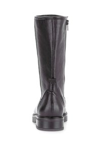 Bota de cuero negra hasta la rodilla con una textura suave, puntera redonda y cremallera lateral. Tacón de madera resistente y detalles de costura limpios.