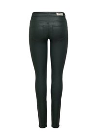 Dark green skinny jeans, made from stretchy denim. Features a smooth texture, five-pocket design, and a waistband label at the back.