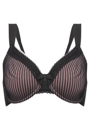 Black and pink striped bra featuring lace trim, underwire support, and adjustable straps. Center bow detail adds a decorative touch.