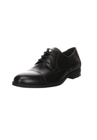 Chaussure habillée en cuir noir avec un bout arrondi, texture lisse, design à lacets et détails de couture subtils sur les côtés.