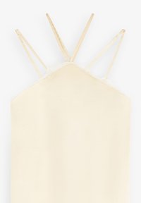 Robe en satin couleur crème clair avec un bord en dentelle au niveau du décolleté, dotée de plusieurs bretelles ajustables pour un ajustement et un style personnalisés.
