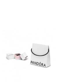 Weiße Einkaufstasche mit schwarzem Kordelgriff und dem Logo "PANDORA". Zwei kleine Schachteln, eine weiße und eine rosa, mit demselben Logo, teilweise geöffnet.