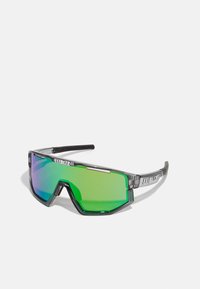 Sport sunglasses with a gray frame and green mirrored lenses. Angular design with prominent lenses and adjustable temples for comfort.