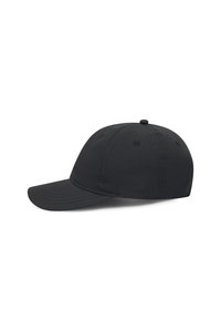 Black baseball cap with a curved brim, made of smooth cotton fabric, featuring six ventilation holes and a button on top.