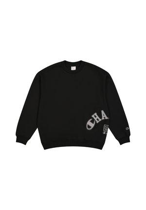 Sweat-shirt noir à manches longues, col rond et poignets côtelés. Présente un texte et un logo gris bien visibles sur le devant et la manche gauche.