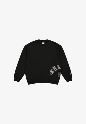 Sweat-shirt noir à manches longues, col rond et poignets côtelés. Présente un texte et un logo gris bien visibles sur le devant et la manche gauche.