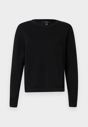 Musta neulepaita, pyöreä kaula-aukko, pitkät hihat, resorit hihansuissa ja helmassa, pehmeästä kankaasta, sileä pinta, minimalistikäs design.