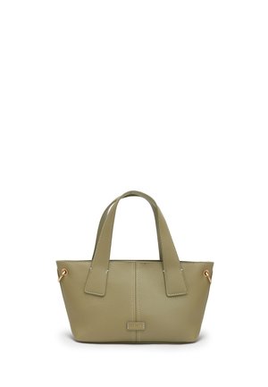 Piccola borsa a mano in pelle verde oliva con doppi manici e accessori dorati sui lati, vista frontale con etichetta del marchio centrata.