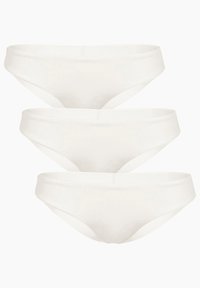 Tre coppie di mutande hipster bianche in cotone con elastico in vita e bordi senza cuciture per il massimo comfort, esposte su uno sfondo neutro.