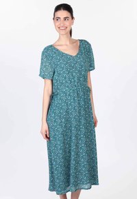 Tee-blaues Blumenkleid mit kurzen Ärmeln, V-Ausschnitt und geraffter Taille. Leichter, strukturierter Stoff mit fließender Midi-Länge.