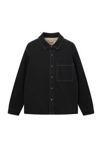 Sort denimskjorte med krave, forfra knapper, en påsyet lomme og kontrasterende syninger. Lange ærmer og en løs pasform.