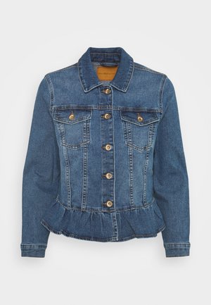 Blå denimjakke med lange ærmer, gyldne knapper, brystlommer med flap og flæsekant, vist mod en ensfarvet hvid baggrund.