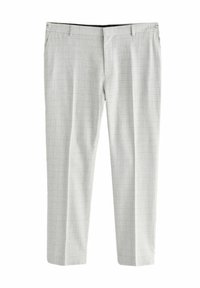 Lysegrå ternede bukser med slim fit, lavet af et glat stof; har flad front, sidelommer og knapdetaljer ved taljen.