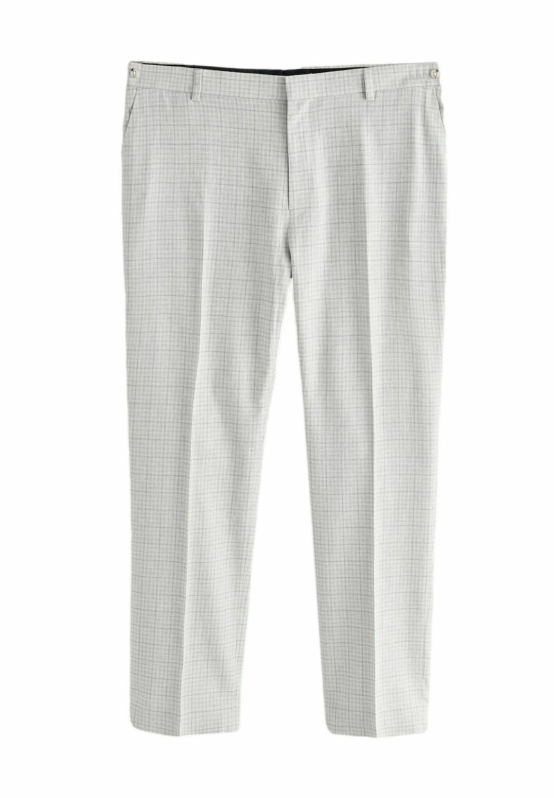 Lysegrå ternede bukser med slim fit, lavet af et glat stof; har flad front, sidelommer og knapdetaljer ved taljen.