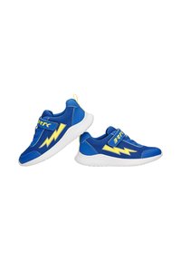 Niebieskie dziecięce trampki z żółtym motywem błyskawicy, białe podeszwy i paski na rzepy na białym tle.