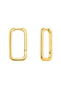 Pendientes de aro rectangulares chapados en oro con superficie lisa y acabado brillante, que cuentan con un cierre de bisagra para mayor seguridad.