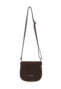 Brown suede crossbody bag with adjustable strap, rounded shape, smooth texture, and a logo accent on the front.
