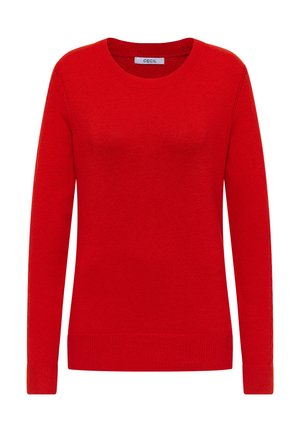 Maglione rosso a maglia con scollatura rotonda e maniche lunghe. Presenta una texture liscia e polsini e orlo a coste. Etichetta: CECIL.
