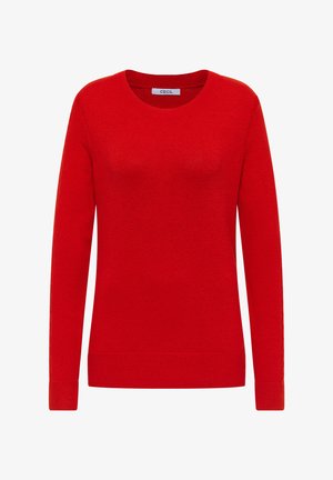 Červený pletený svetr s kulatým výstřihem a dlouhými rukávy. Má hladký povrch a žebrované manžety a lem. Štítek: CECIL.