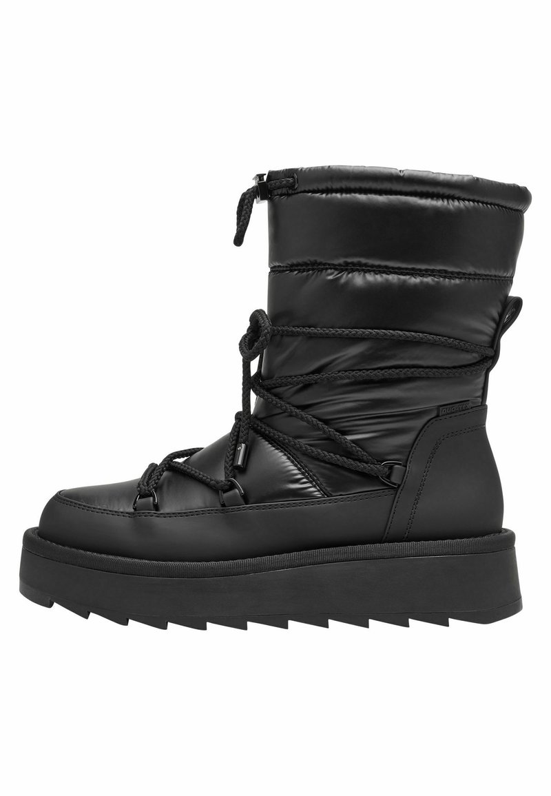 Botte d'hiver isolée noire avec semelle épaisse rainurée, tige rembourrée et lacets élastiques croisés entourant la cheville.