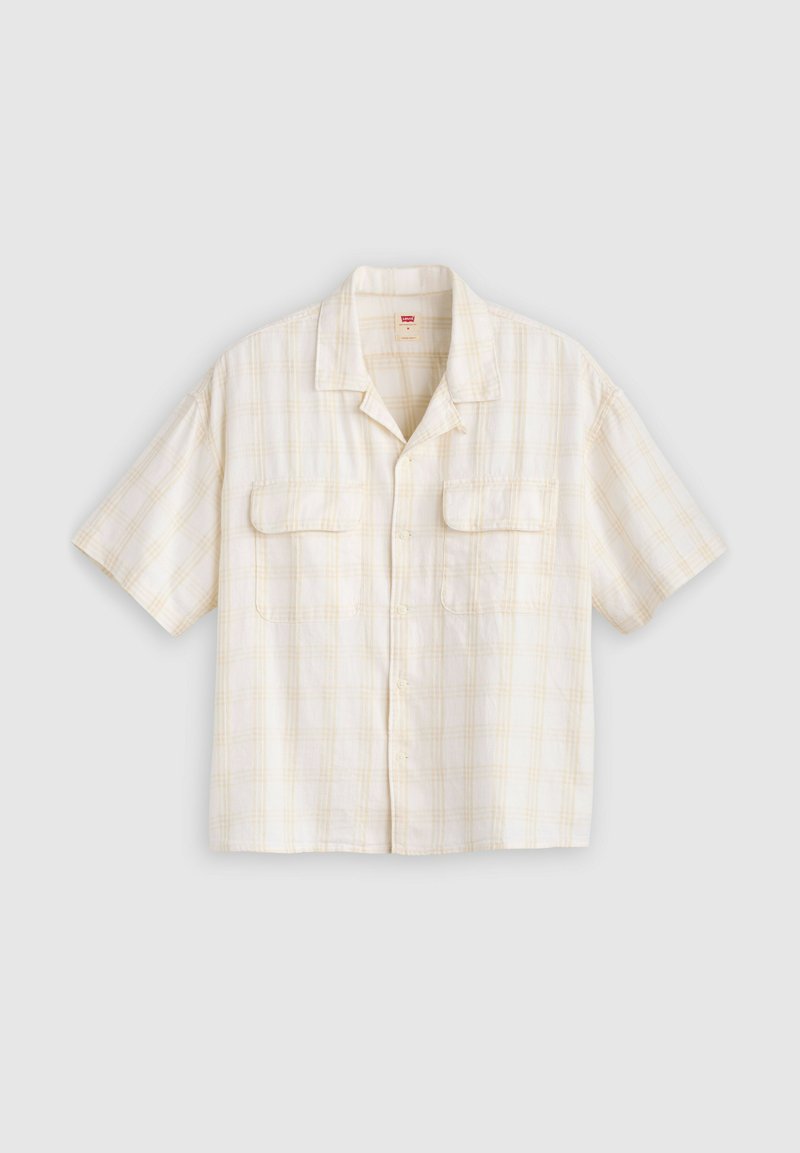 Beige karierte Kurzarmhemd mit zwei Brusttaschen und einem Camp-Kragen.