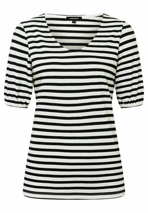 Czarnobiały, poziomo paskowany top z krótkim rękawem, dekoltem w serek i elastycznymi mankietami na rękawach, rozmiar 36.