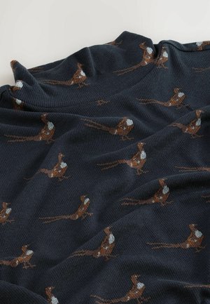 Dark blue knitted fabric featuring a pattern of brown and gray birds with white accents, showcasing a soft texture and relaxed drape.