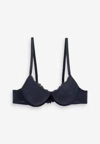 Marineblauer BH mit Spitzenakzenten, geformten Cups, verstellbaren Trägern und einer glatten Satinoberfläche. Bietet gleichmäßige Abdeckung und Unterstützung.