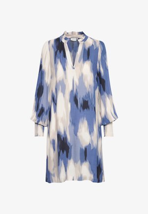 Blue and white patterned dress with a V-neck, long sleeves, and pleated accents. Made of lightweight fabric with a relaxed fit.