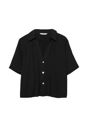 Čierna košeľa s krátkym rukávom na gombíky s golierom, tromi bielymi gombíkmi vpredu a voľným, hranatým strihom.