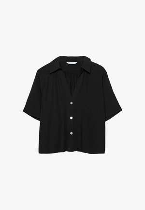 Schwarzes kurzärmeliges Hemd mit Knopfleiste, Kragen, drei weißen Knöpfen vorne und lockerem, kastigem Schnitt.