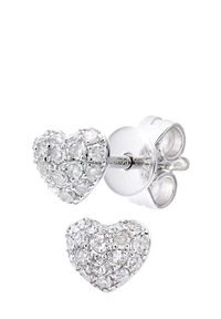 Srebrni uhani v obliki srca, okrašeni s prozornimi, svetlečimi kamni v okvirju; imajo zatič za varno nošenje.